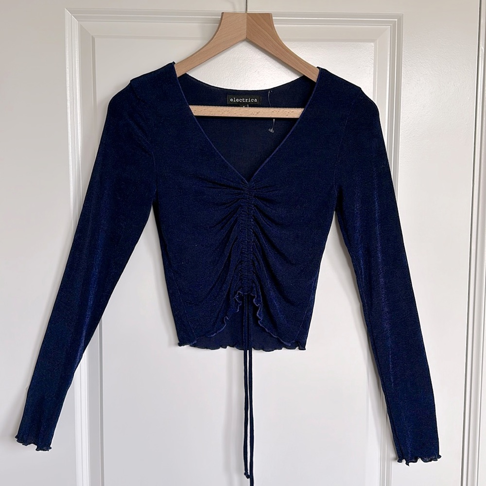 Electrica Cinch Front Tie Crop Top sz Small Women's Long Sleeve Lettuce Hem Blue
